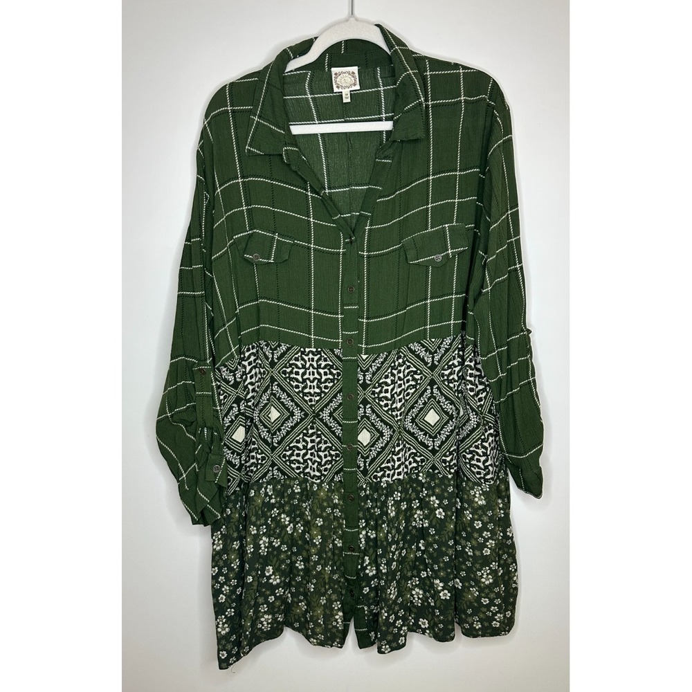 Trueself Mixed Print Plaid Floral Button Tunic Top Green Roll Tab Shirt Size 3X - Picture 2 of 12